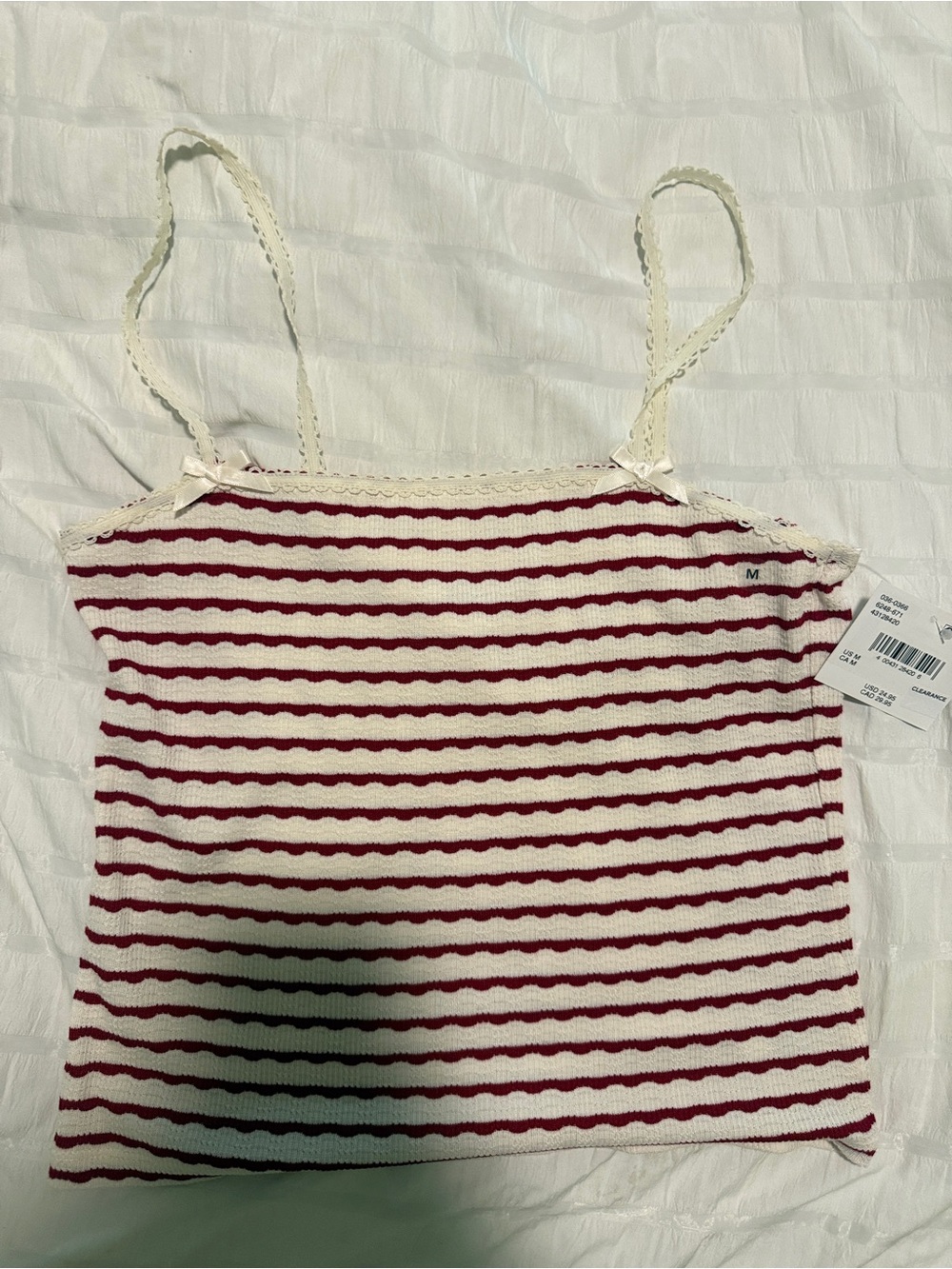American Eagle Outfitters Red & Cream Striped Lace-Trim Cami